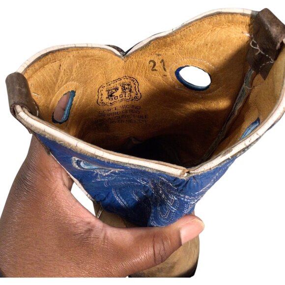 Potro Rebelde Handmade Quincy Cowboy Boots Kids 1 MEX 21 Snip Toe Rodeo Blue Tan - Picture 7 of 9